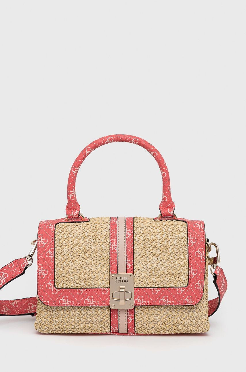GUESS Women's Pink Multi Logo Kasinta Raffia Satchel Bag - Fashionable Handbag